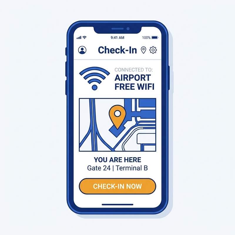 Clean vector illustration of a smartphone screen showing custom WiFi settings and property check-in details