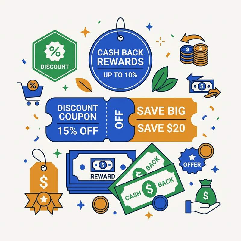 Clean flat vector showcasing discount coupons and cash rewards icons