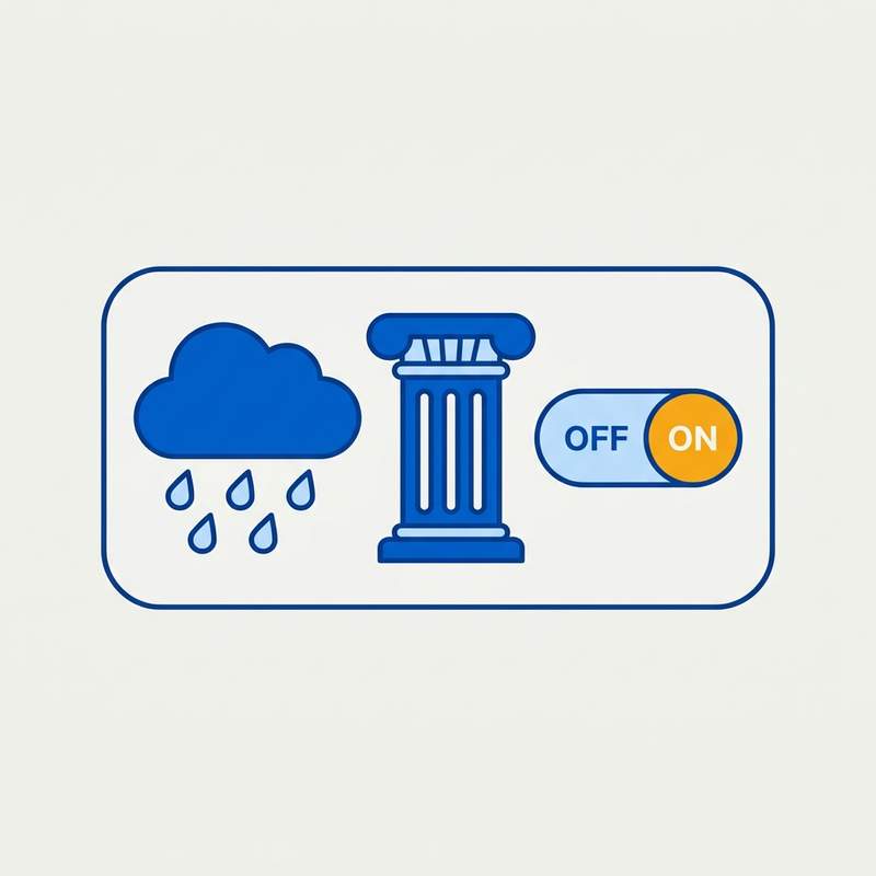 Clean 2D vector showing an indoor museum outline with rain clouds and an active toggle icon